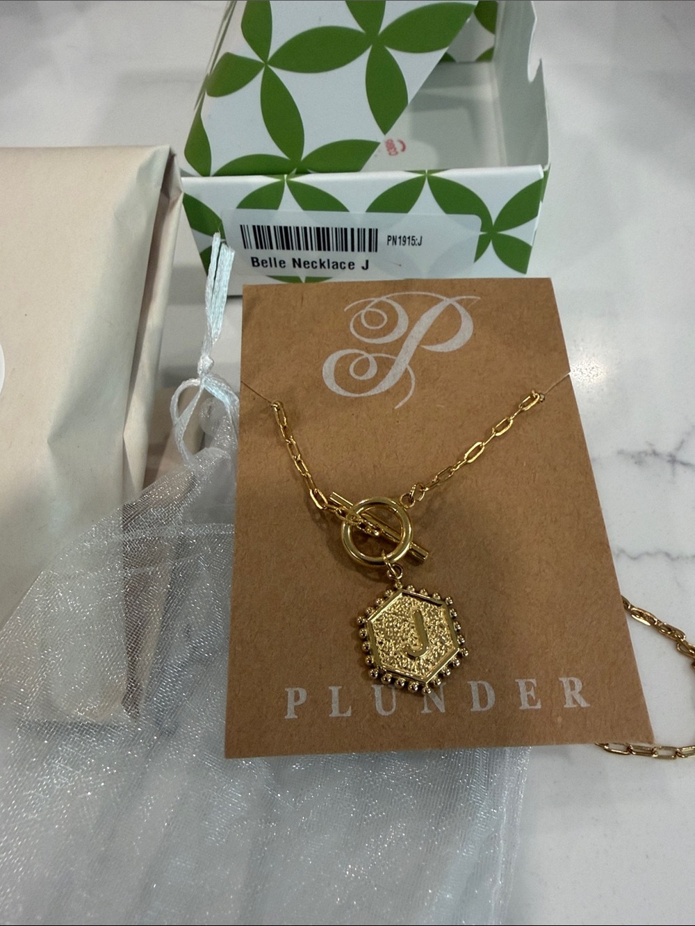 Plunder “Belle” Gold-Tone Hexagon Initial J Pendant Necklace monogram